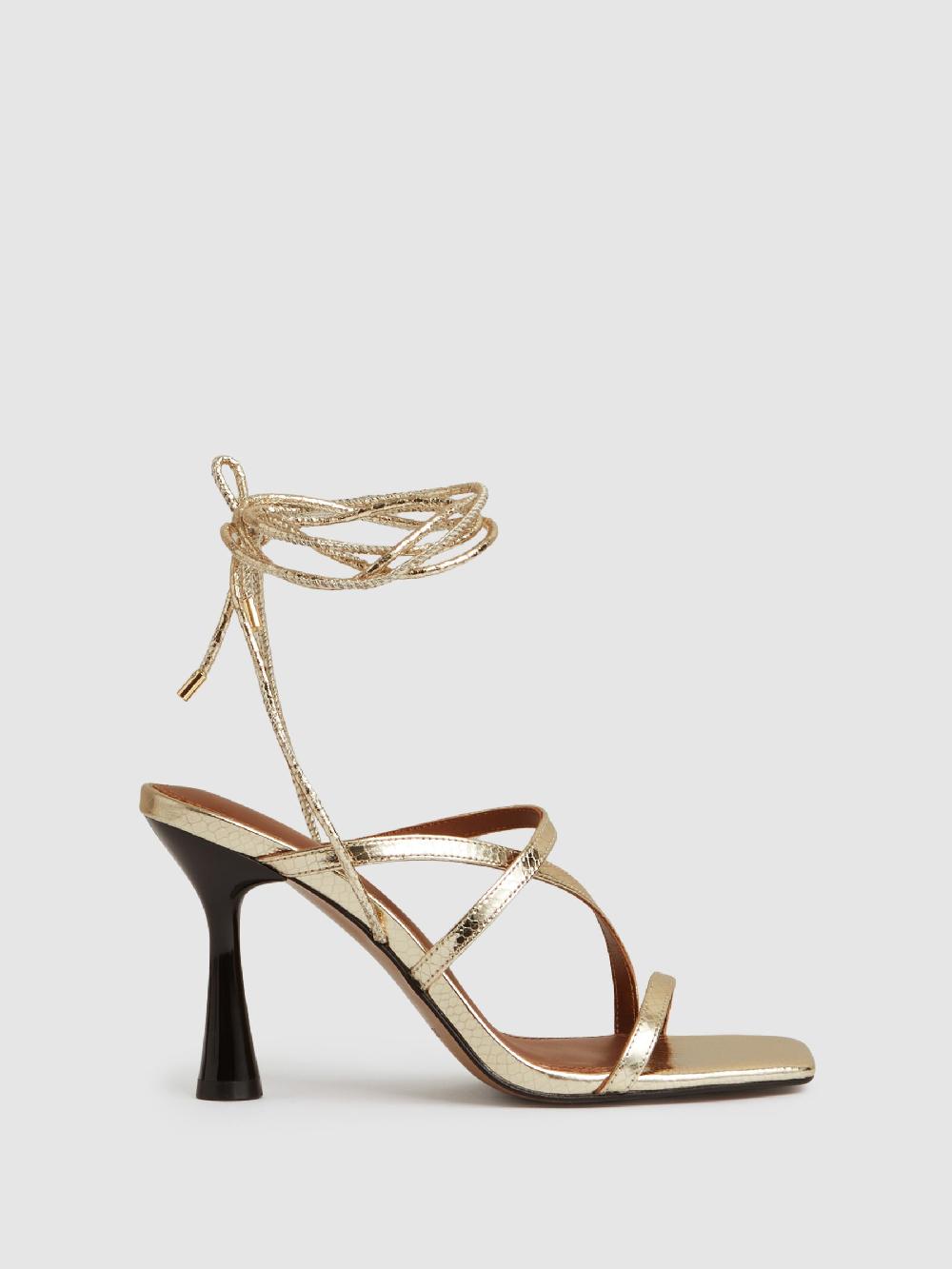 Reiss Leather Metallic Strappy Heeled Sandals In Gold