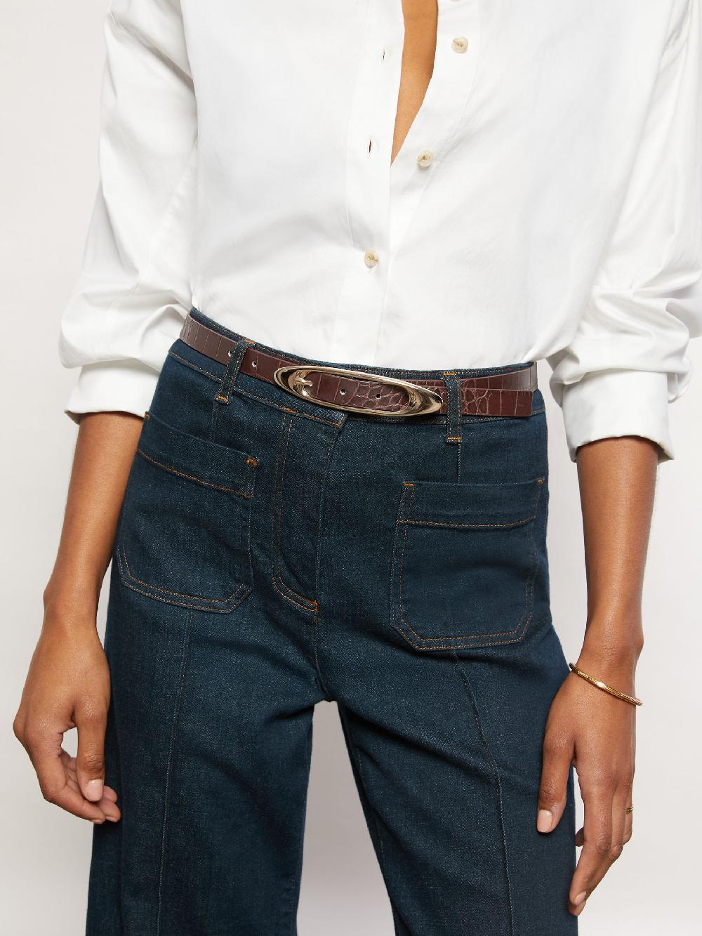 Reiss Leather Oval-Buckle Belt In Burgundy Croc-Effect