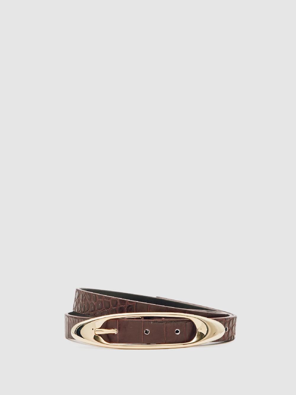 Reiss Leather Oval-Buckle Belt In Burgundy Croc-Effect