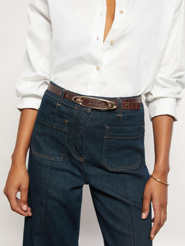 reiss Leather Oval-Buckle Belt in Burgundy Croc-Effect