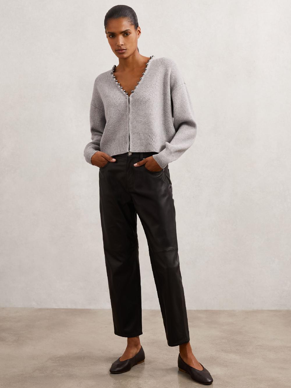 Reiss Leather Rounded-Point Toe Ballet Flats In Chocolate