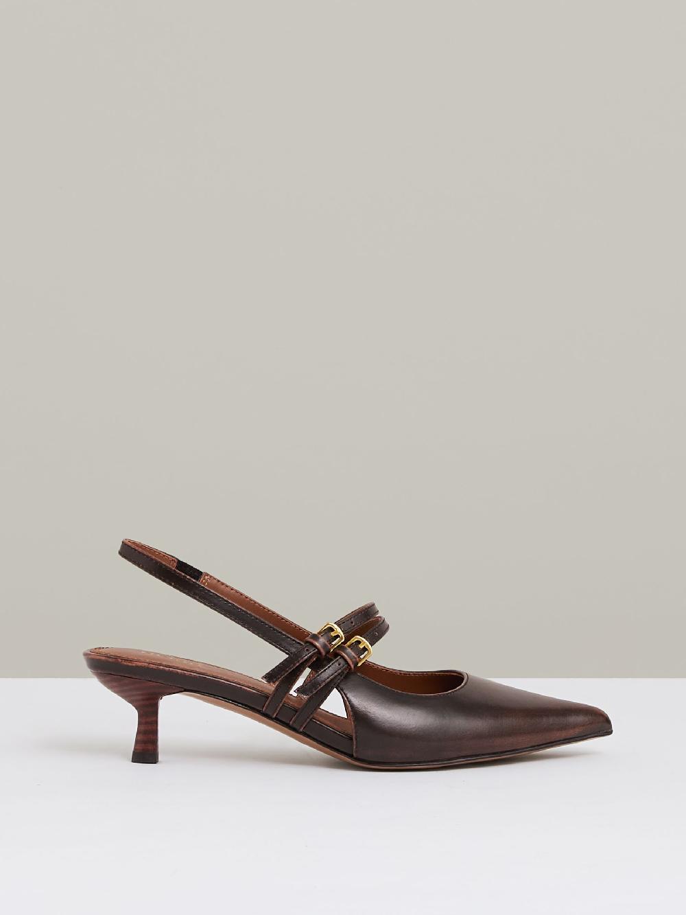 Reiss Leather Slingback Buckle Court Shoes In Chocolate