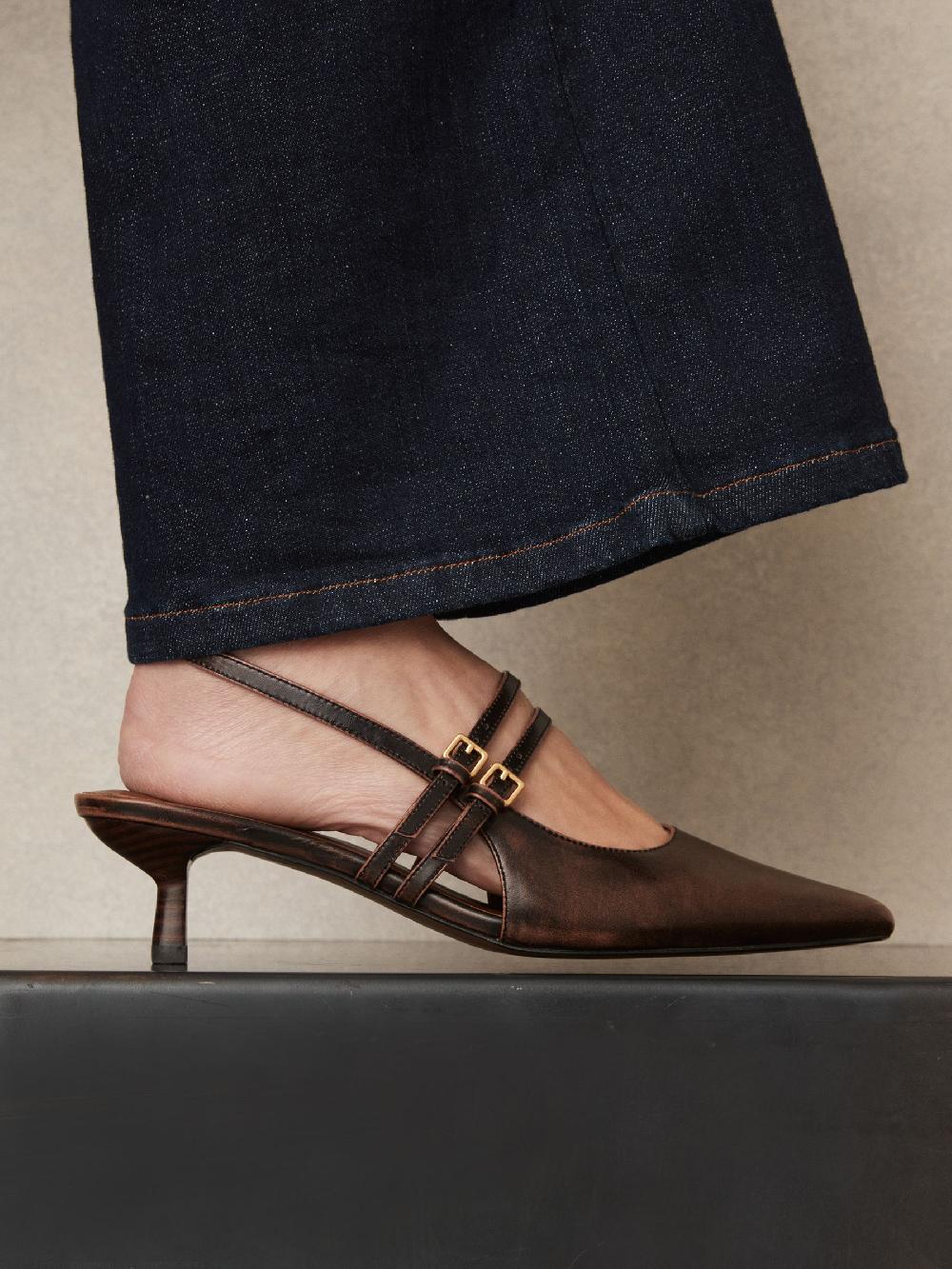 Reiss Leather Slingback Buckle Court Shoes In Chocolate