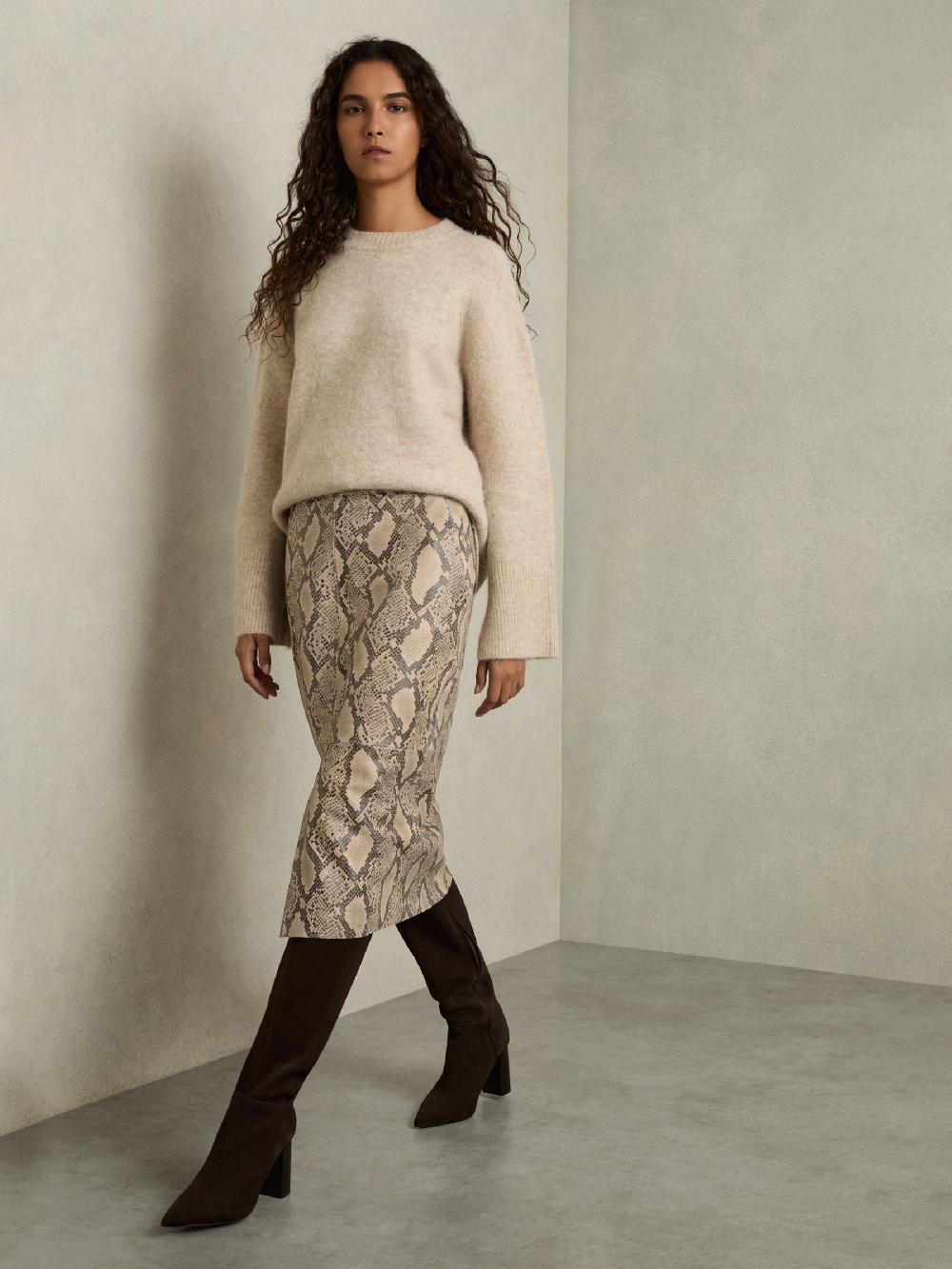 Reiss Leather Snakeskin-Effect Pencil Skirt In Neutral