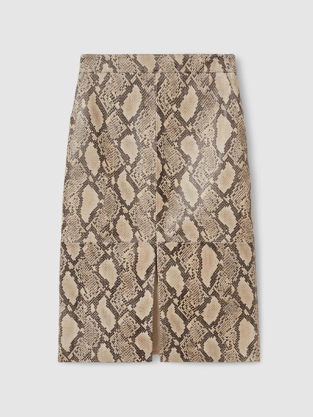 Reiss Leather Snakeskin-Effect Pencil Skirt In Neutral