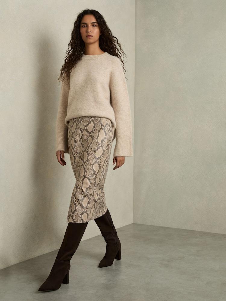 reiss Leather Snakeskin-Effect Pencil Skirt in Neutral