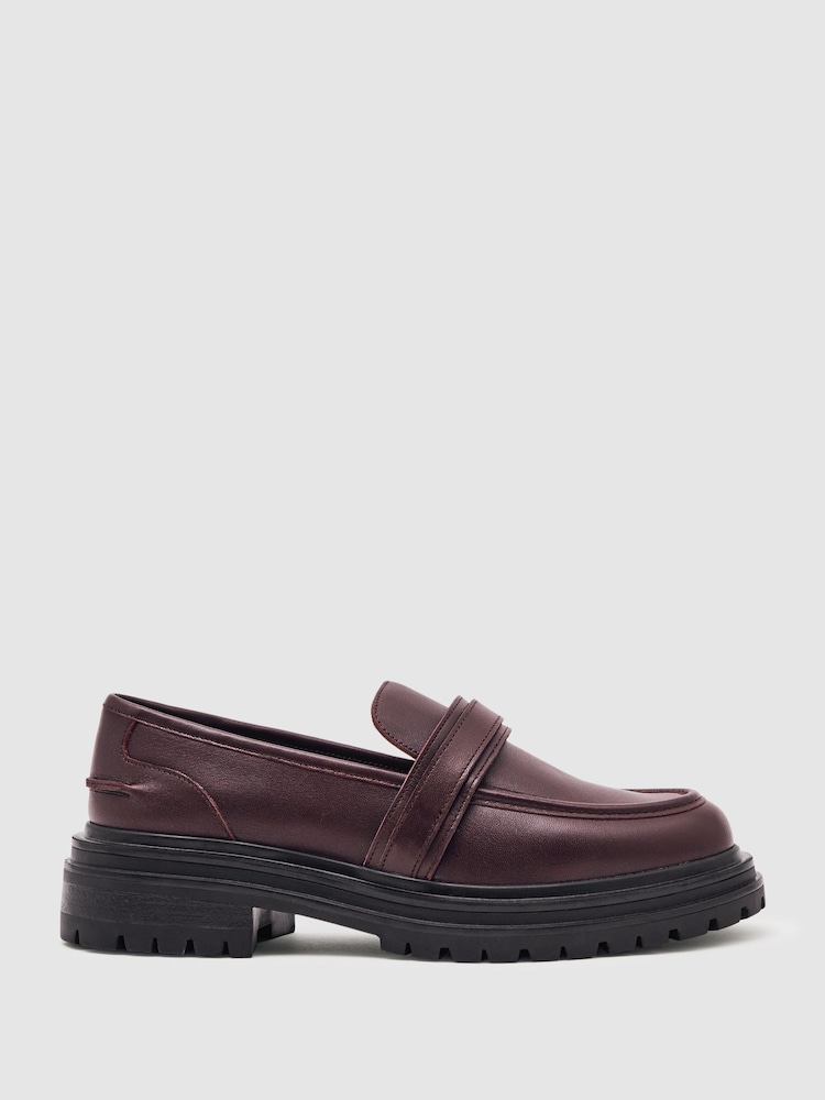 reiss Leather Strap-Detail Lug-Sole Loafers in Burgundy
