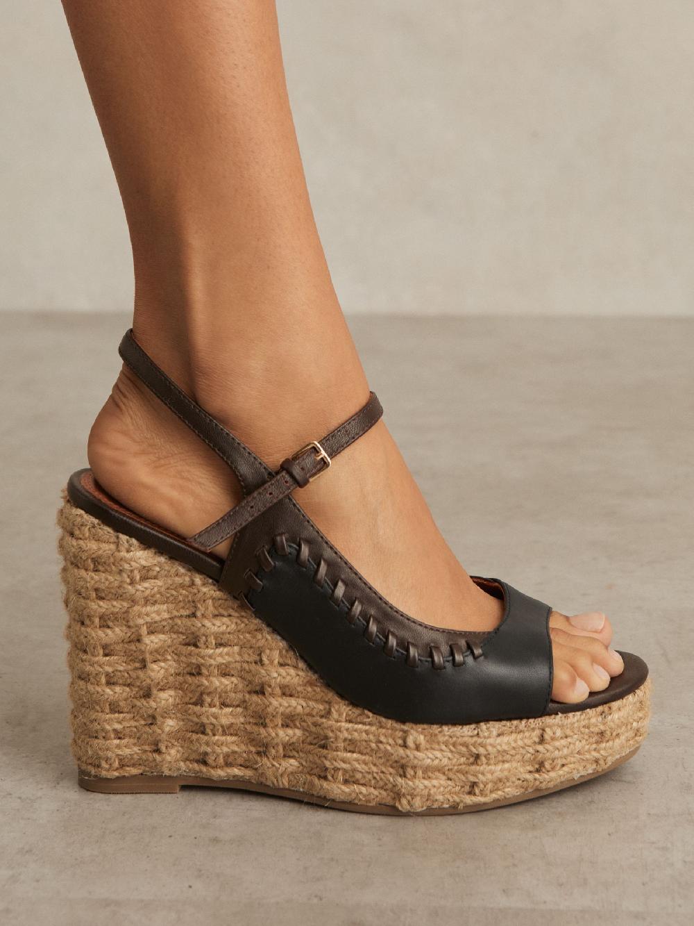 Reiss Leather Whipstitch Wedge Sandals In Chocolate/Black