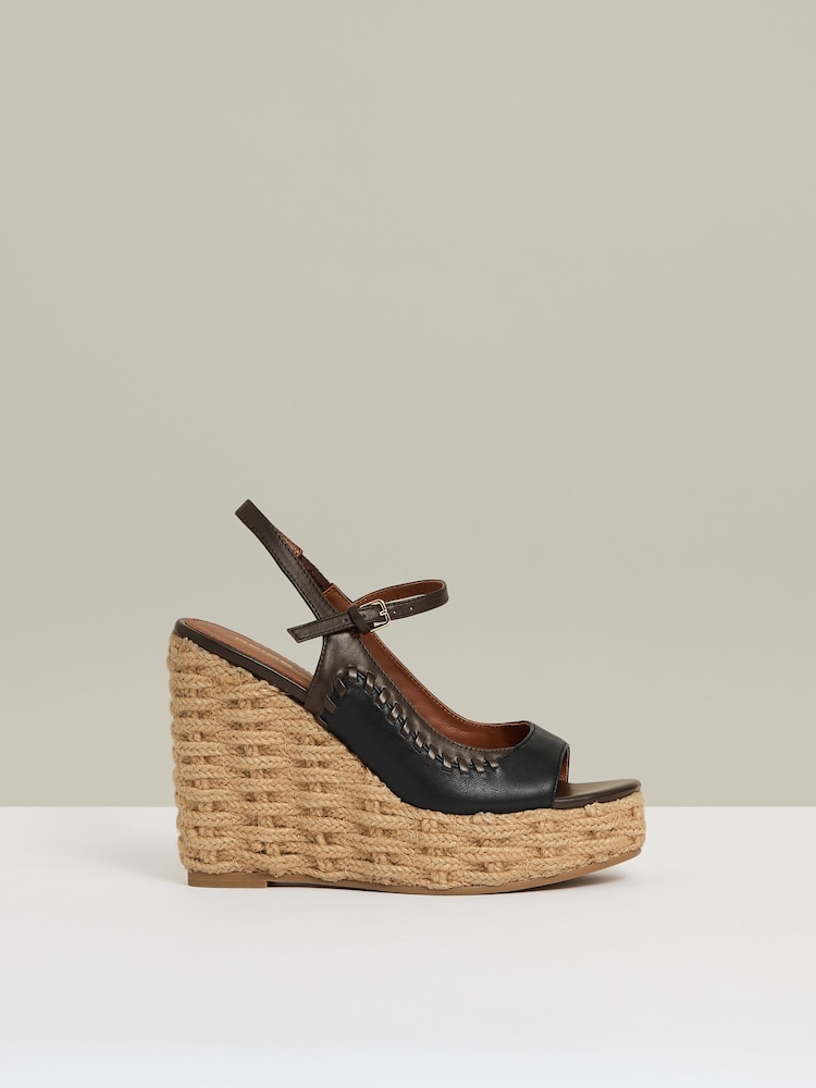 reiss Leather Whipstitch Wedge Sandals in Chocolate/Black