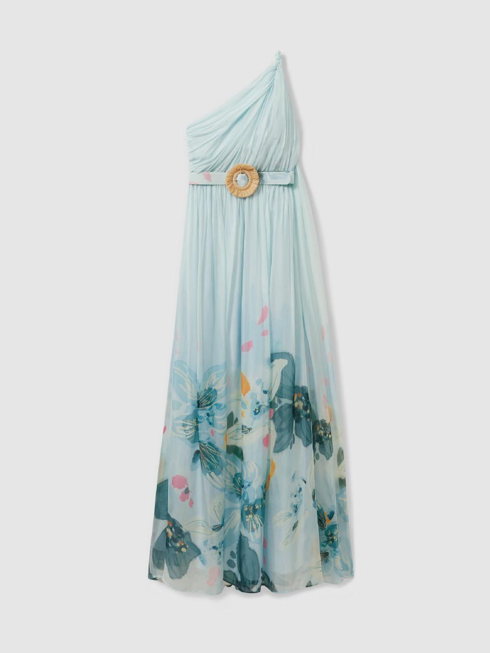 Reiss Leo Lin Silk Blend Pleated Asymmetric Maxi Dress In Blue Print