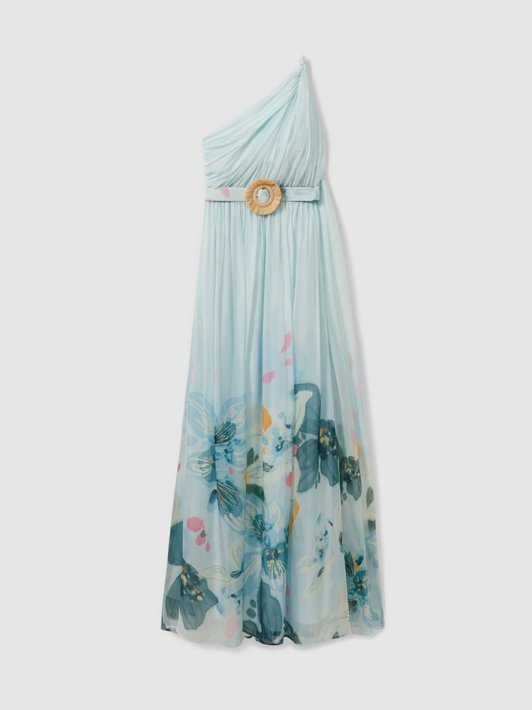reiss Leo Lin Silk Blend Pleated Asymmetric Maxi Dress in Blue Print