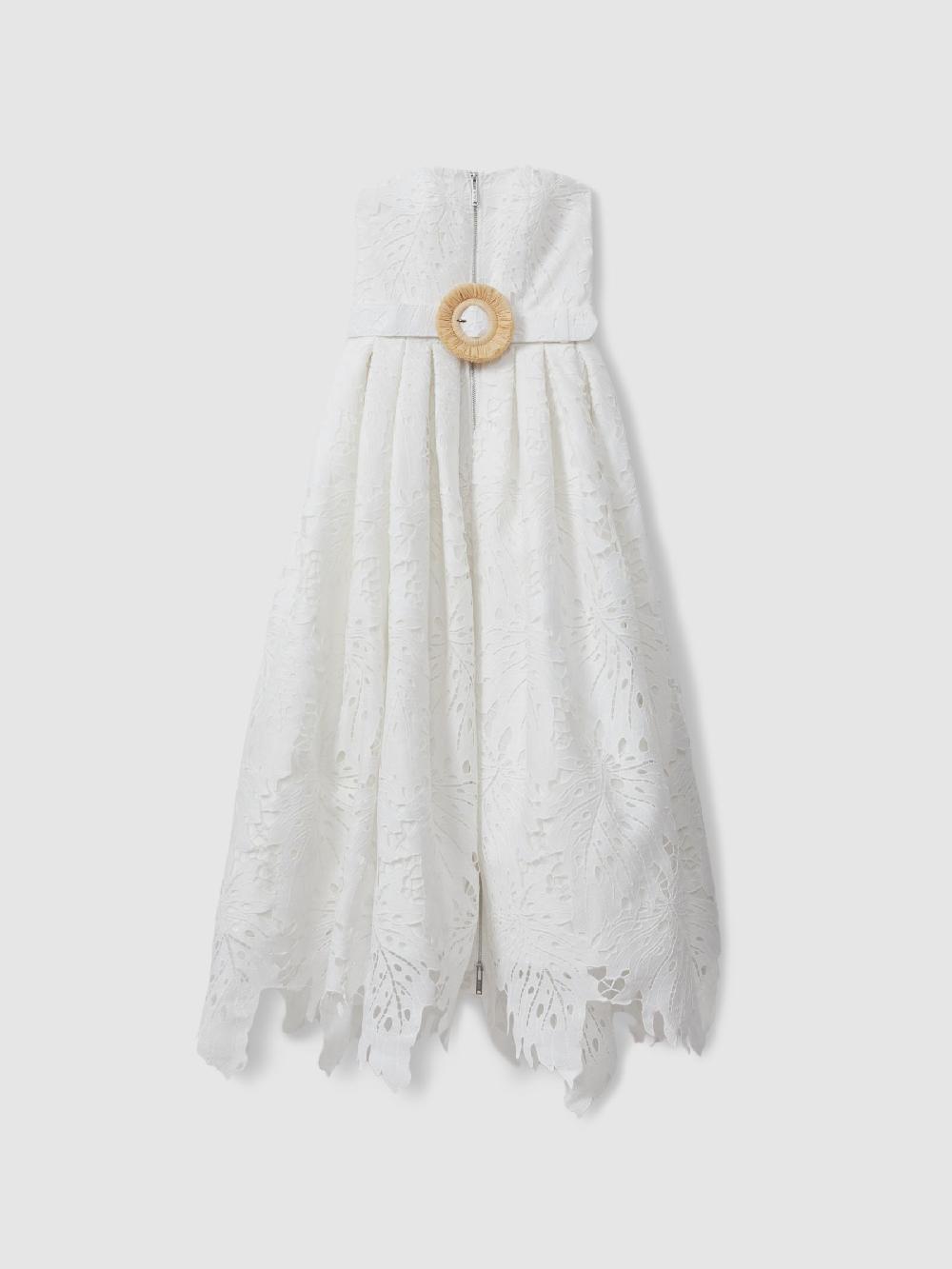Reiss Leo Lin Strapless Lace Belted Midi Dress In Snow White