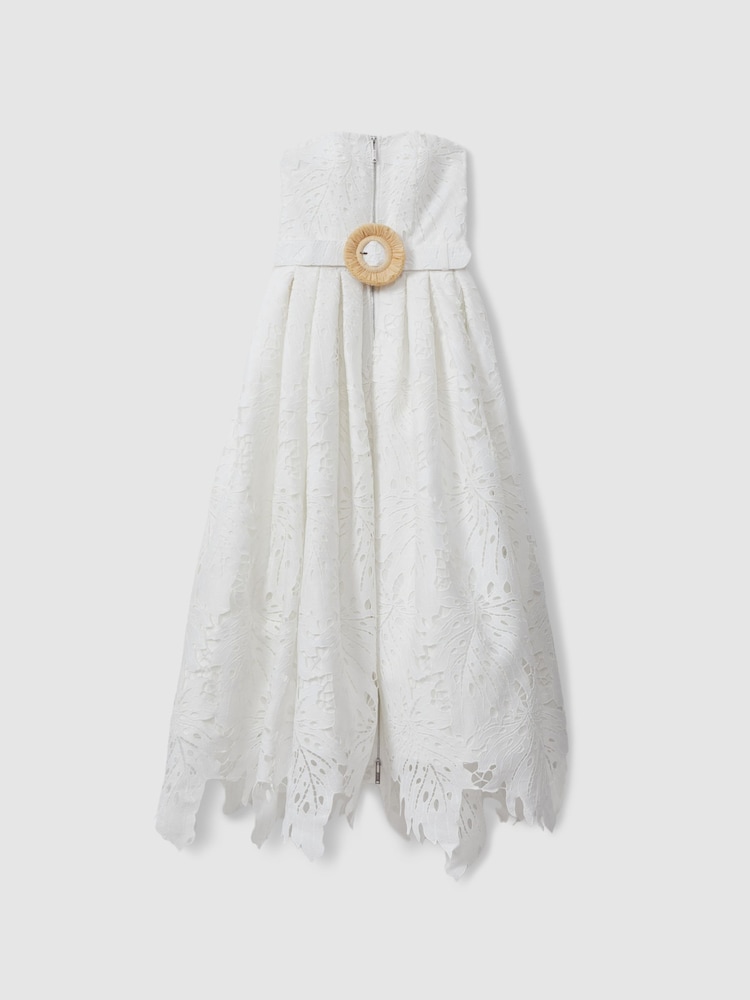 reiss Leo Lin Strapless Lace Belted Midi Dress in Snow White