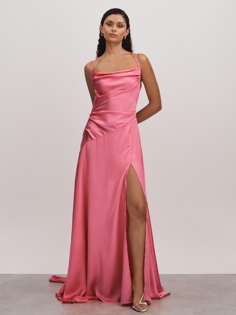 Reiss Leo Lin Watermelon Leo Lin Ruched Cowl Neck Satin Maxi Dress