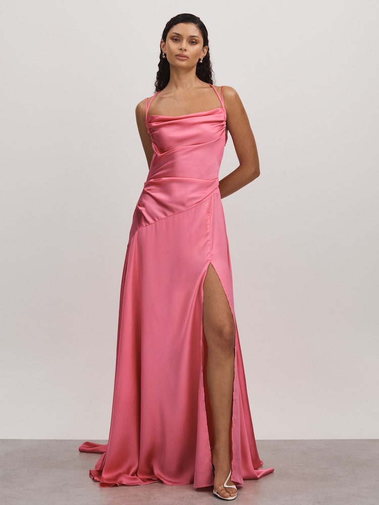 reiss Leo Lin Watermelon Leo Lin Ruched Cowl Neck Satin Maxi Dress