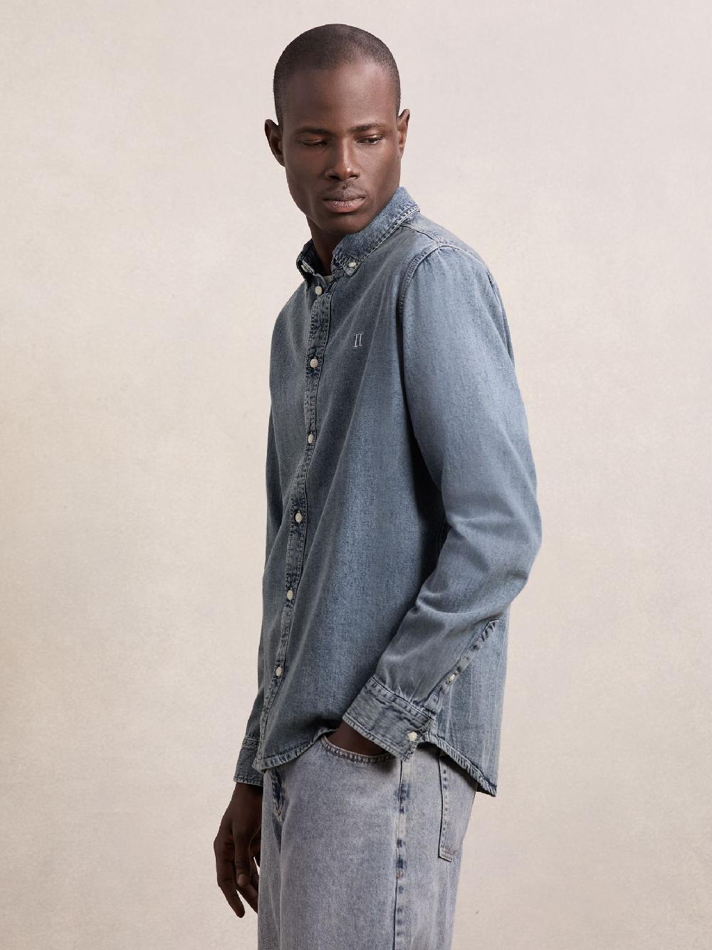 Reiss Les Deux Button-Through Denim Shirt In Light Indigo Wash