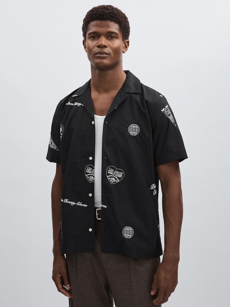 reiss Les Deux Cotton Embroidered Shirt in Black Print