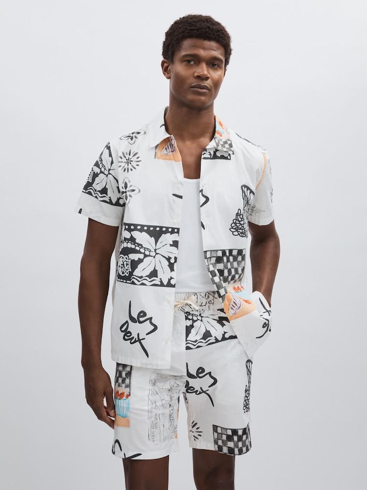 reiss Les Deux Cotton Graphic-Print Shirt in Ivory Print