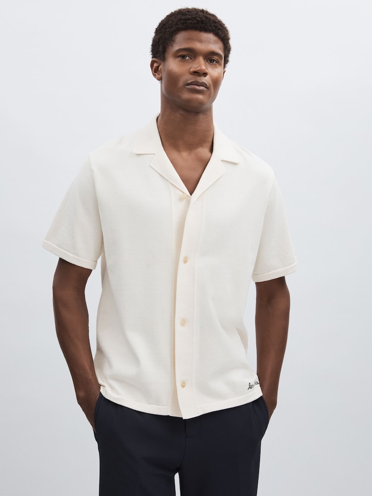 reiss Les Deux Floral-Motif Knit Shirt in Ivory Print