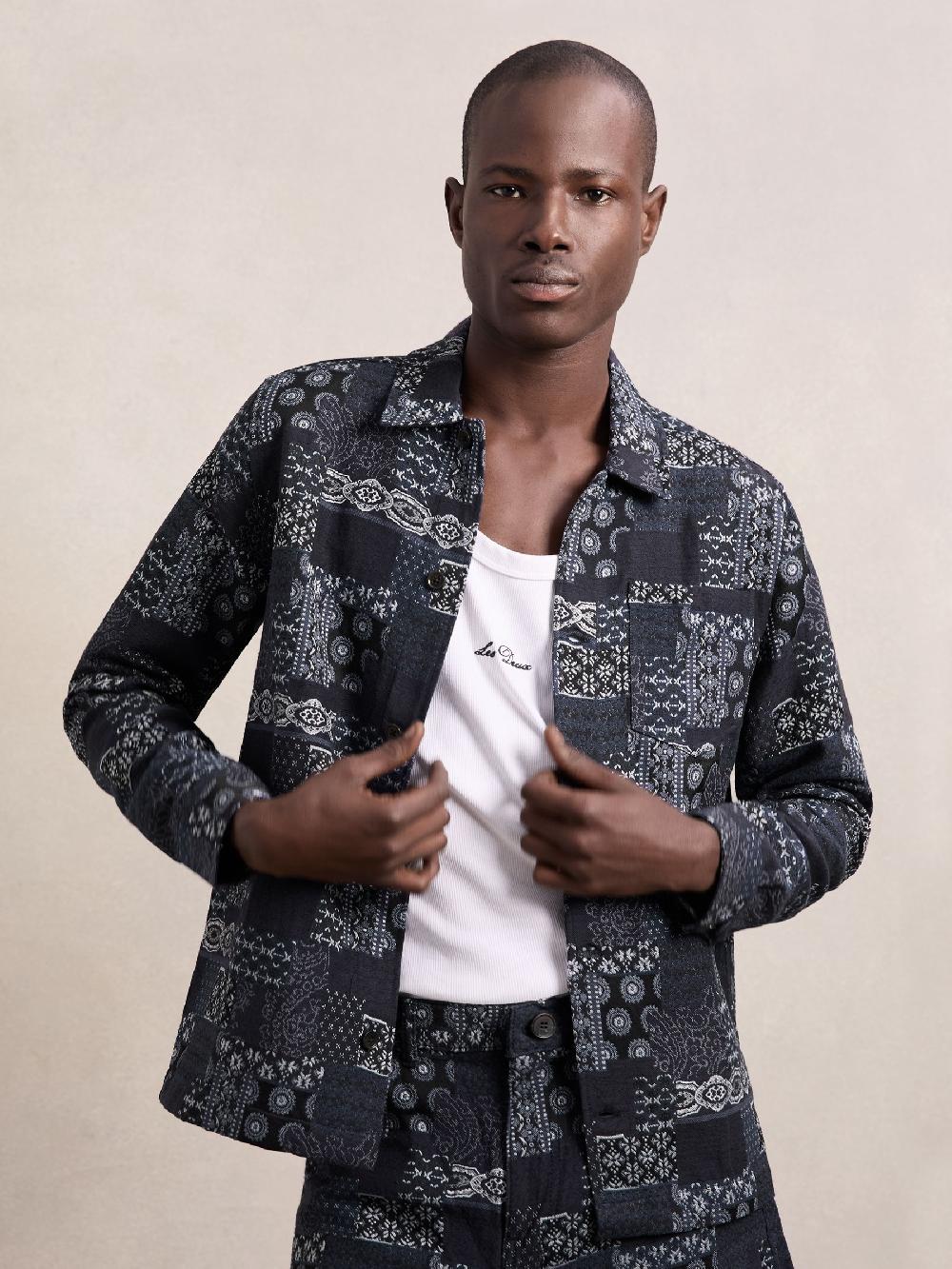 Reiss Les Deux Jacquard Denim Overshirt In Denim Blue