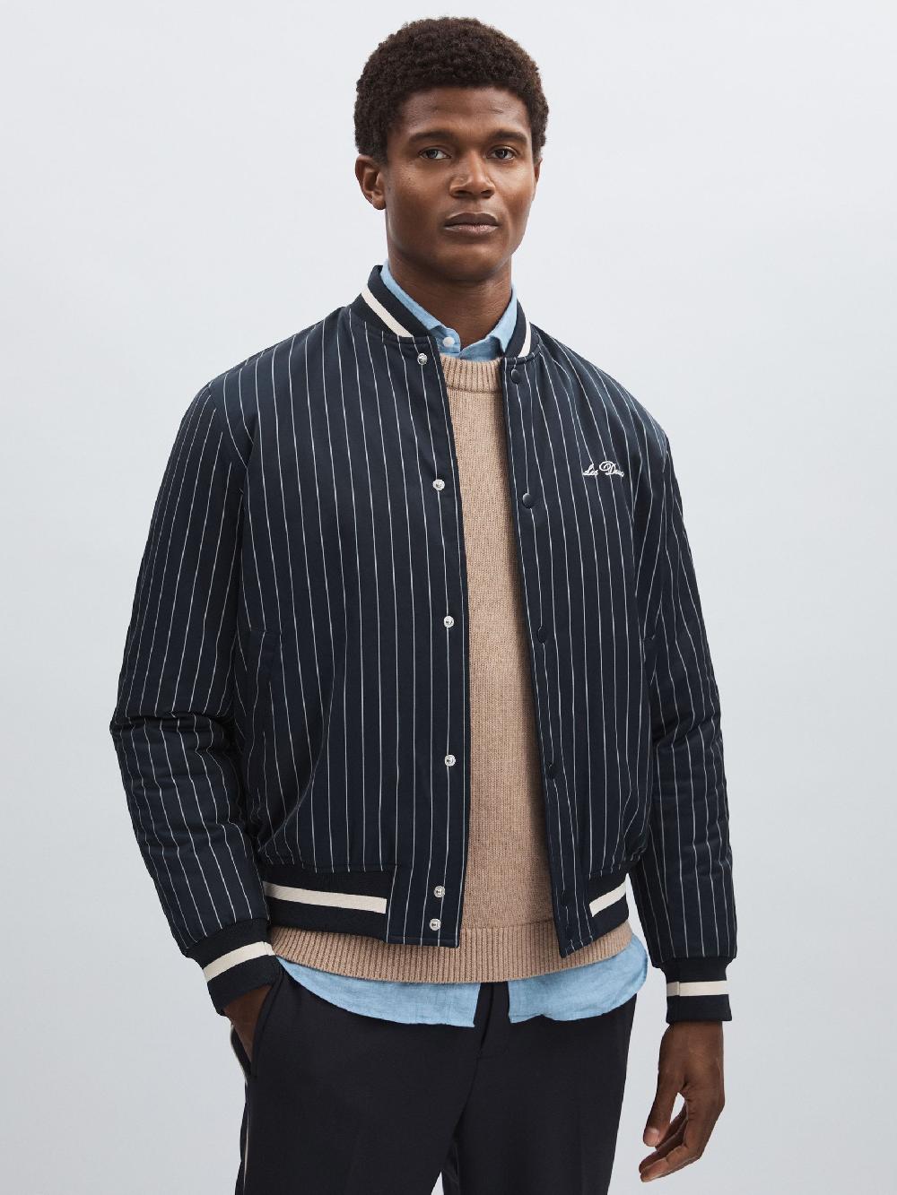 Reiss Les Deux Technical Varsity Jacket In Navy Stripe