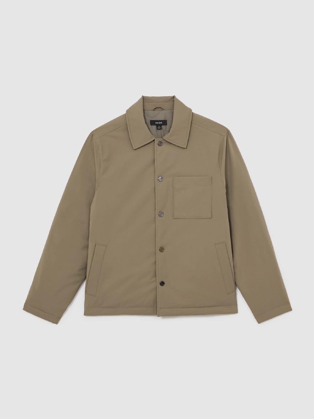 Reiss Lightly-Padded Patch-Pocket Overshirt In Olive Green