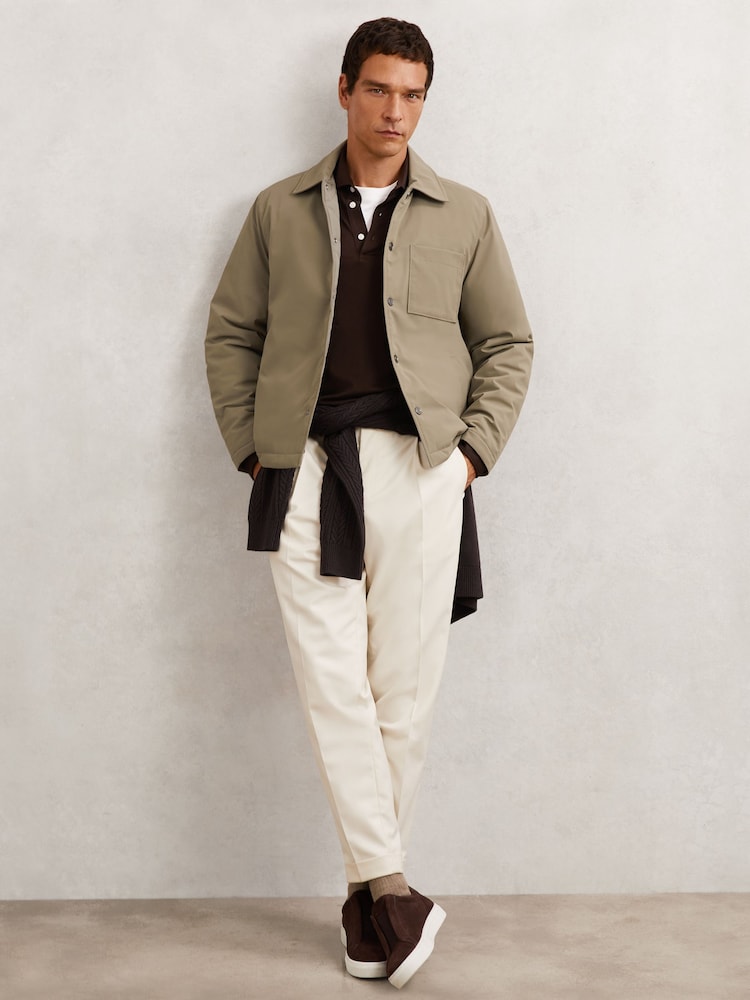 reiss Lightly-Padded Patch-Pocket Overshirt in Olive Green