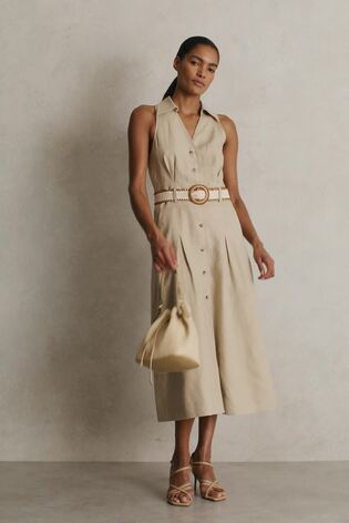 Reiss Linen Belted Sleeveless Midi Dress In Neutral