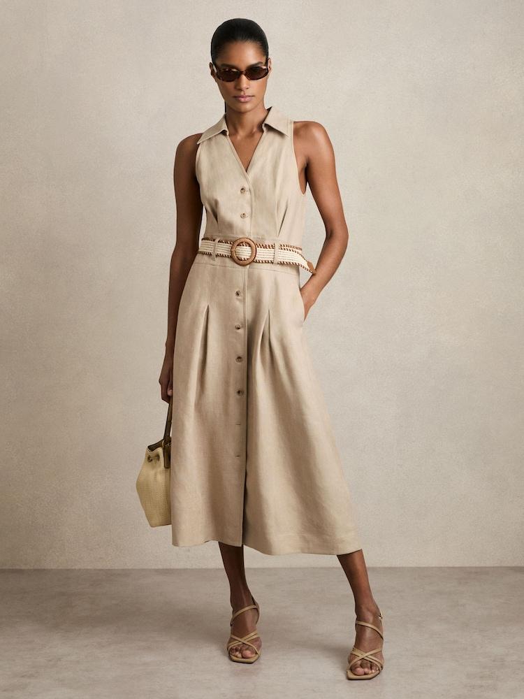 reiss Linen Belted Sleeveless Midi Dress in Neutral