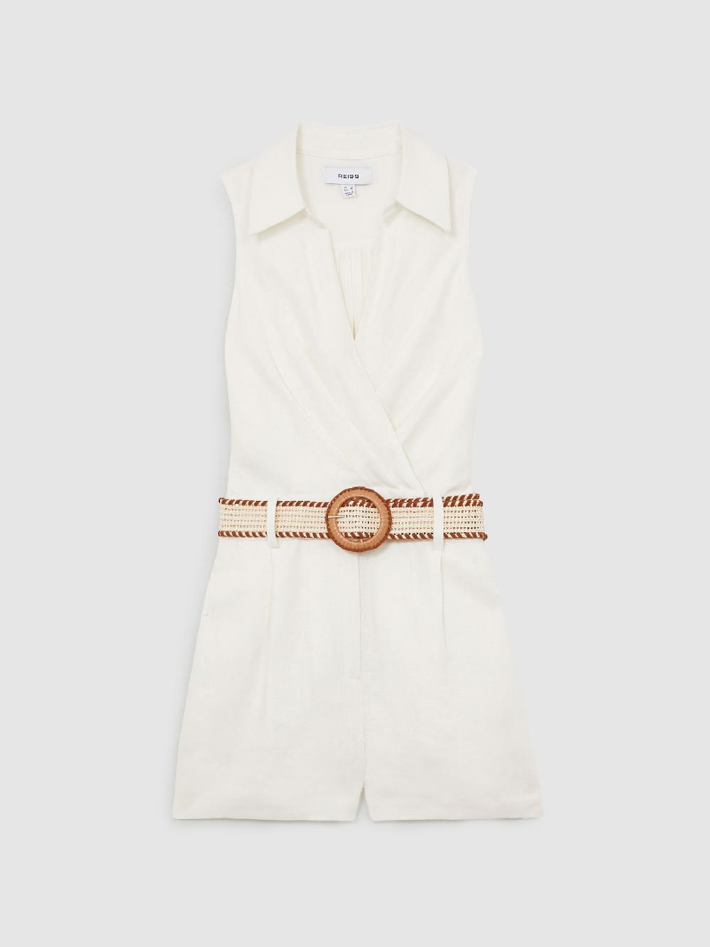 Reiss Linen Belted Sleeveless Wrap Playsuit In Cream