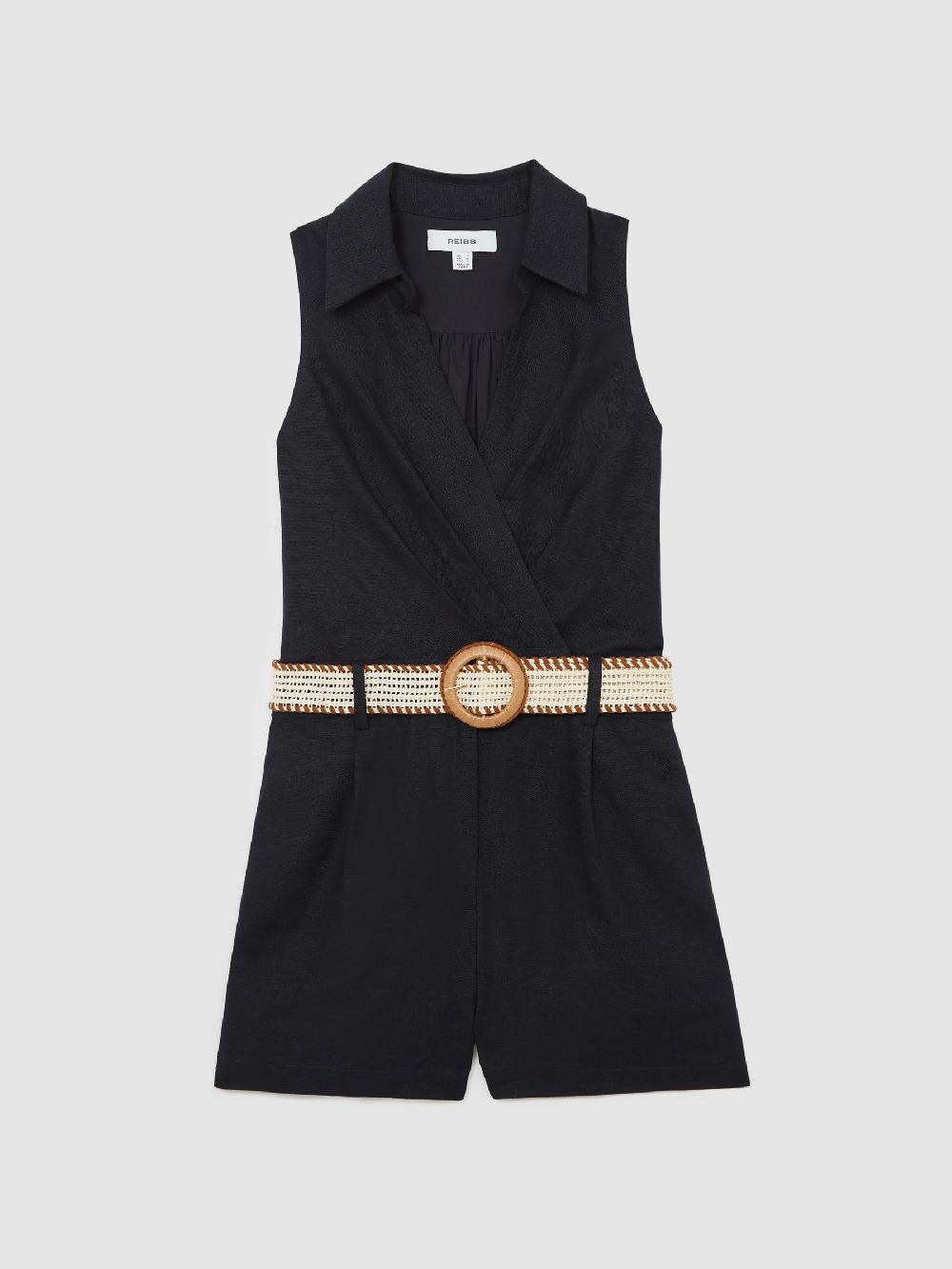 Reiss Linen Belted Sleeveless Wrap Playsuit In Navy