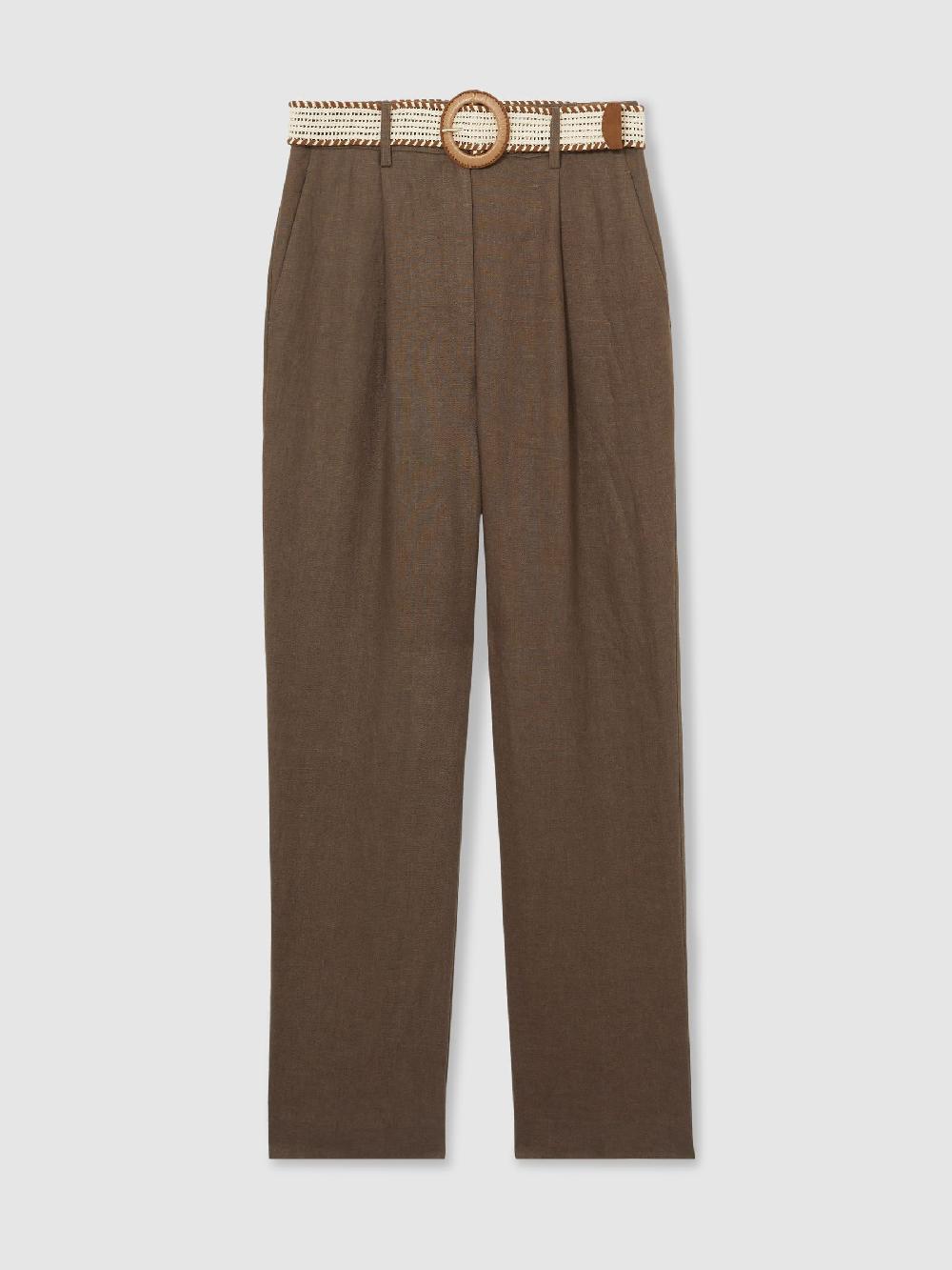 Reiss Linen Belted Tapered Trousers In Mink Neutral