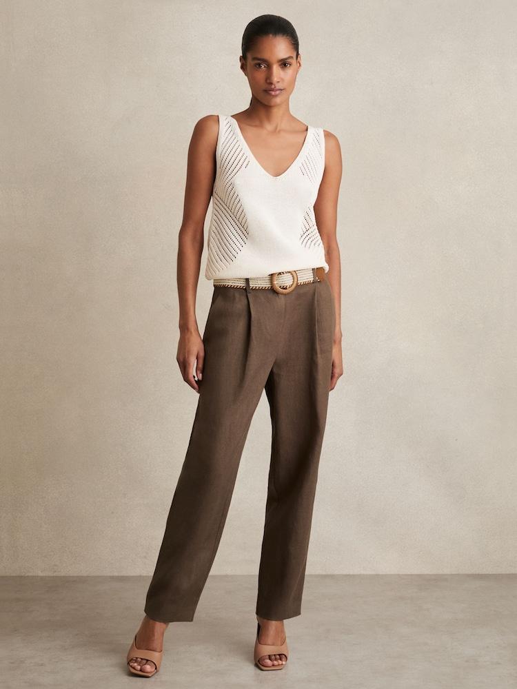 reiss Linen Belted Tapered Trousers in Mink Neutral