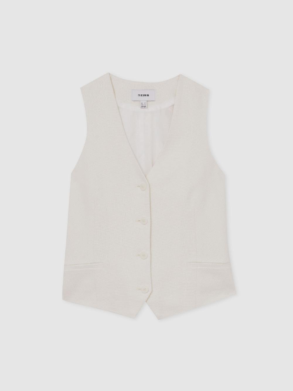 Reiss Linen-Blend Button-Through Waistcoat In White