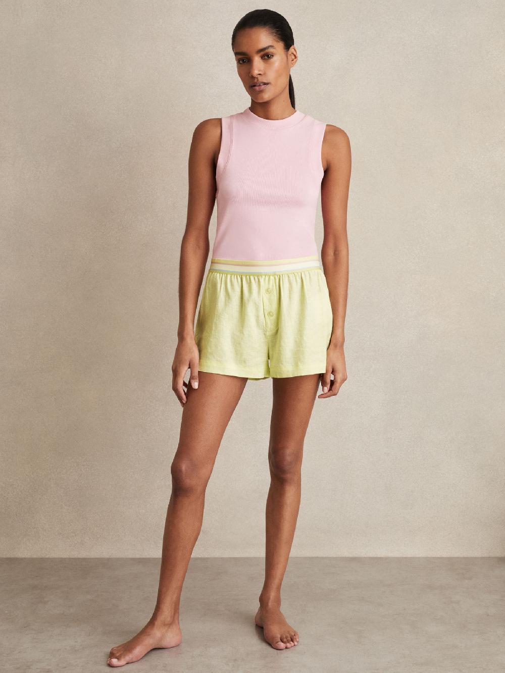 Reiss Linen-Blend Contrast-Waist Boxer Shorts In Lemon Yellow
