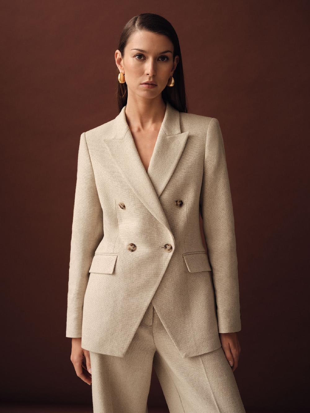 Reiss Linen-Blend Double-Breasted Suit Jacket In Neutral