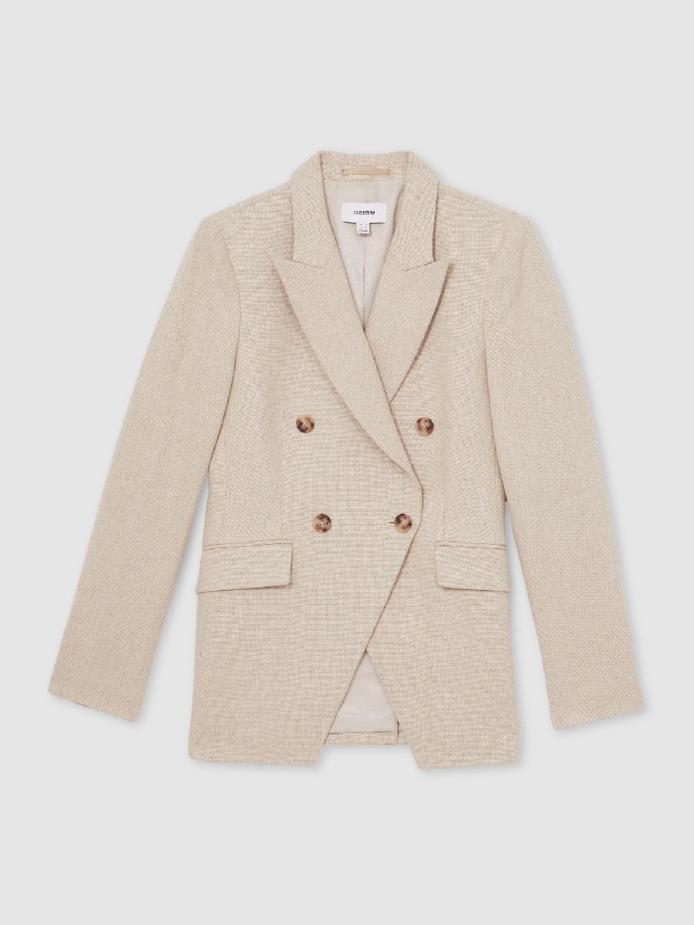 Reiss Linen-Blend Double-Breasted Suit Jacket In Neutral
