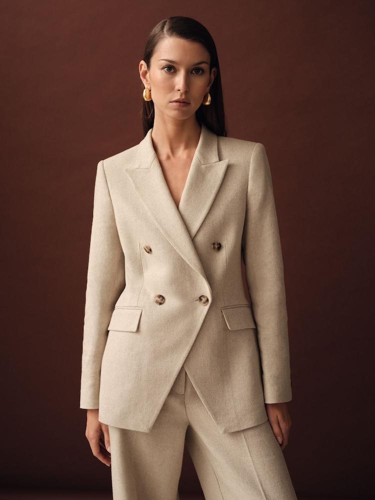 reiss Linen-Blend Double-Breasted Suit Jacket in Neutral