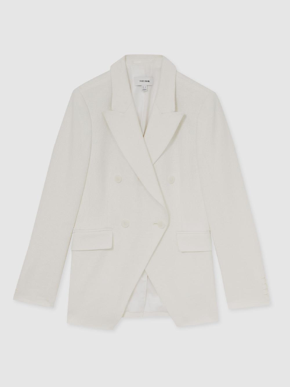 Reiss Linen-Blend Double-Breasted Suit Jacket In White