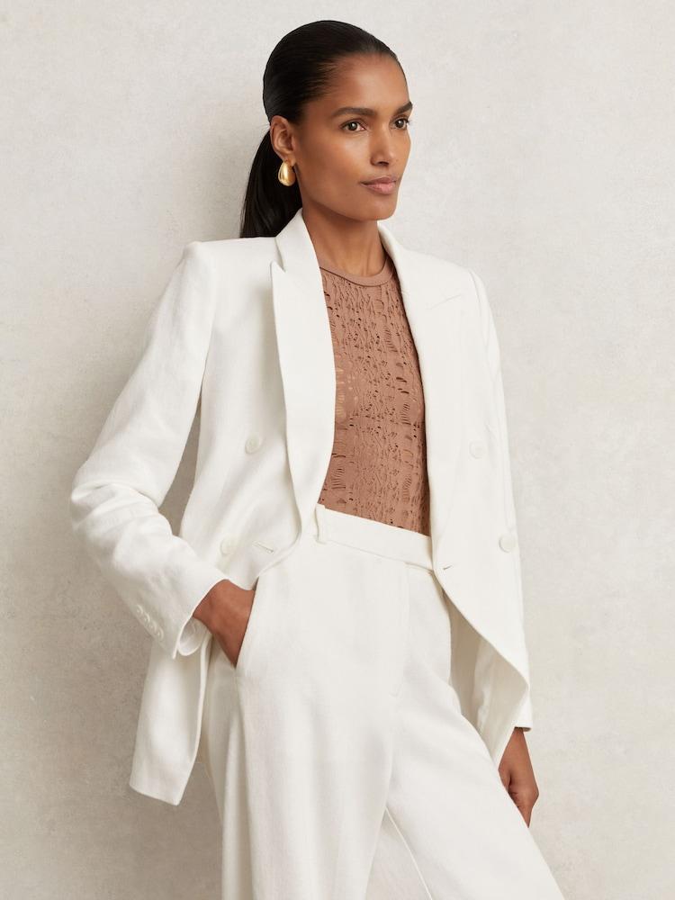 reiss Linen-Blend Double-Breasted Suit Jacket in White