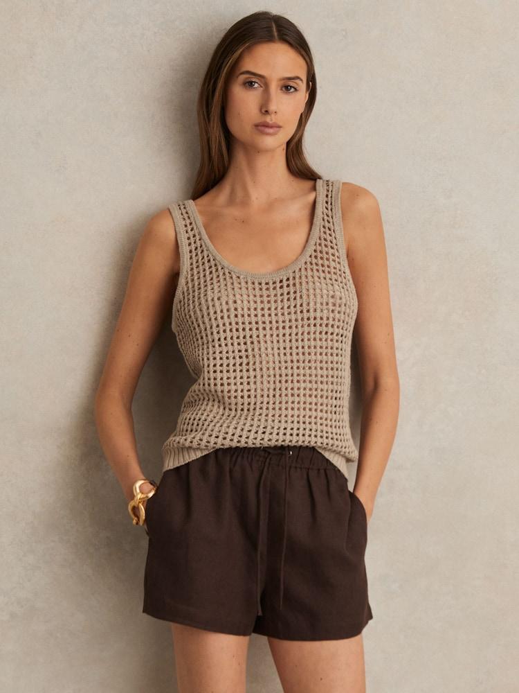 reiss Linen Blend Drawstring Shorts in Chocolate Brown