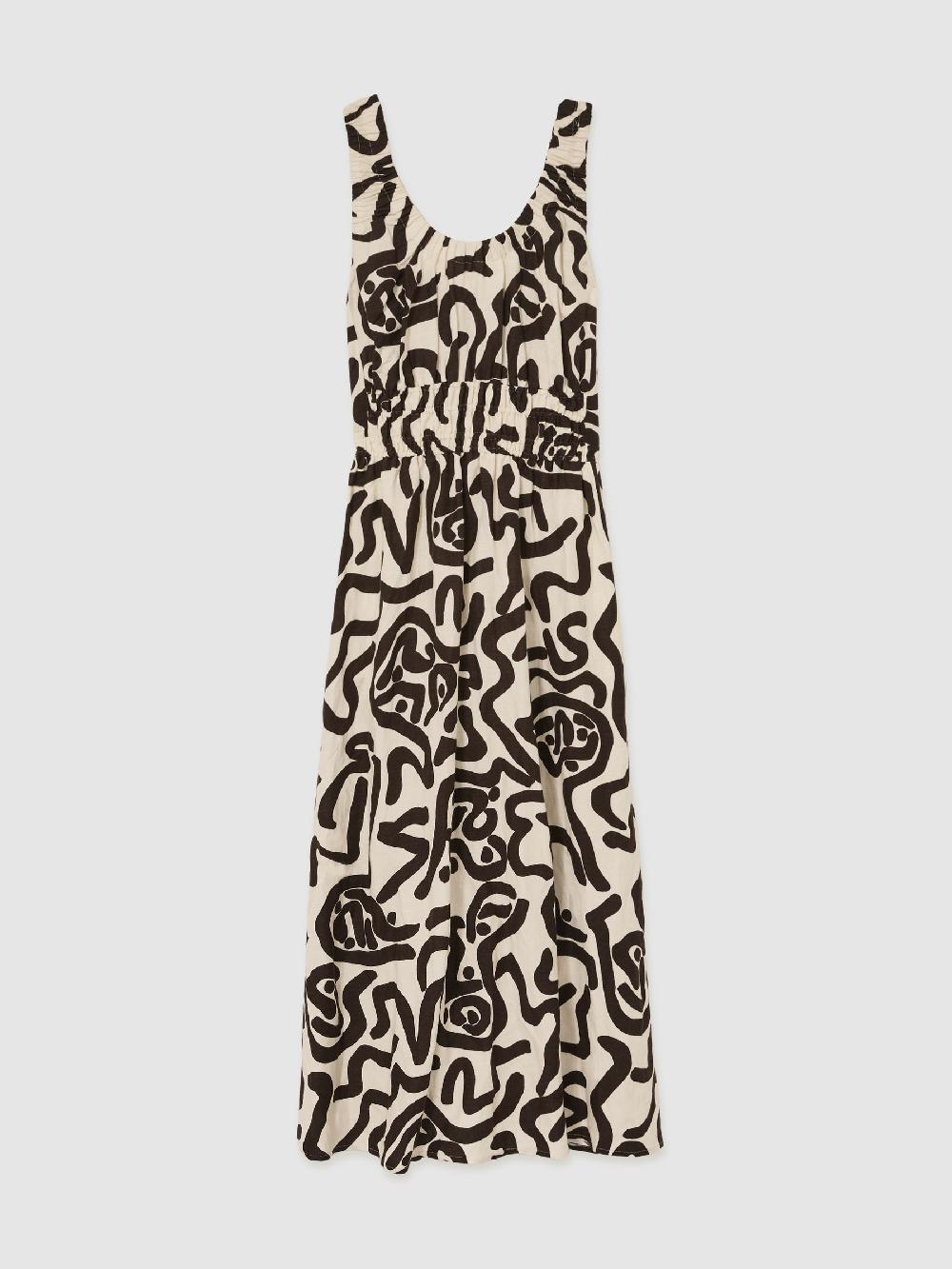 Reiss Linen-Blend Printed Shirred Midi Dress In Brown/Ivory