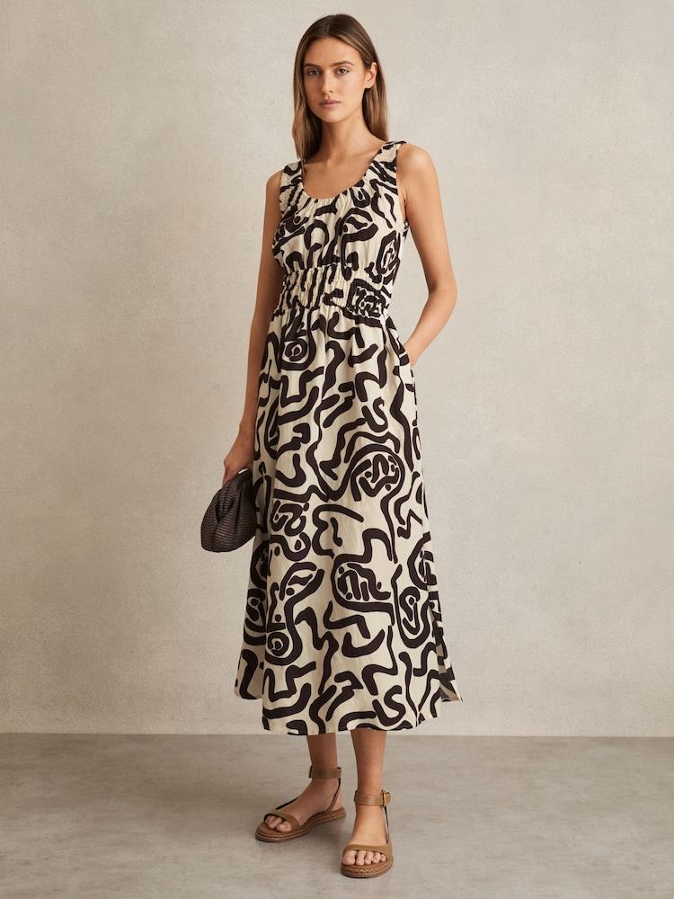 reiss Linen-Blend Printed Shirred Midi Dress in Brown/Ivory