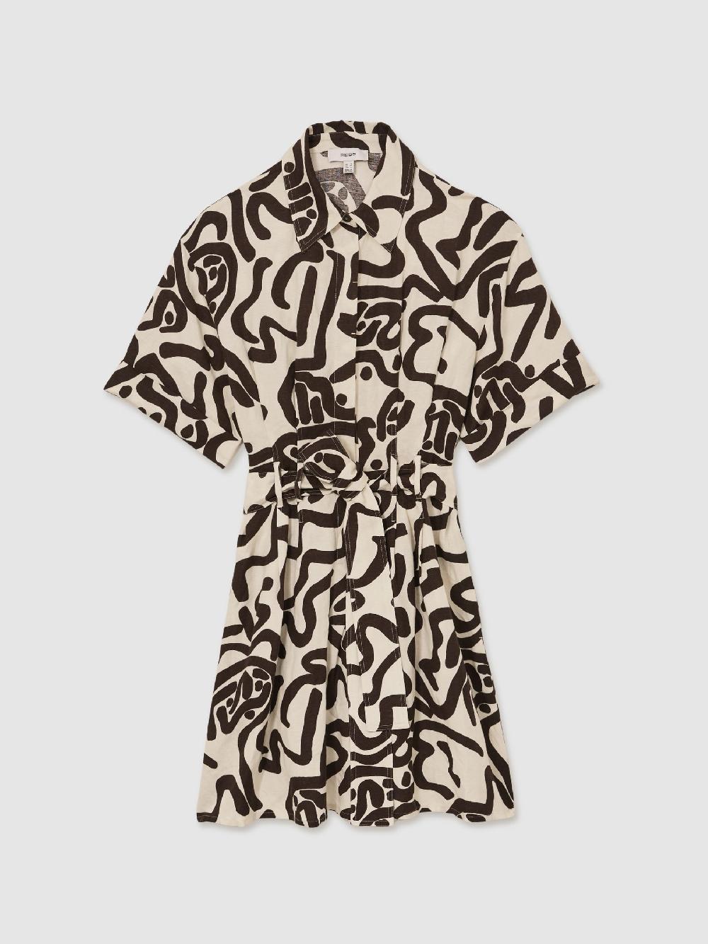 Reiss Linen Blend Printed Shirt Dress In Brown/Ivory