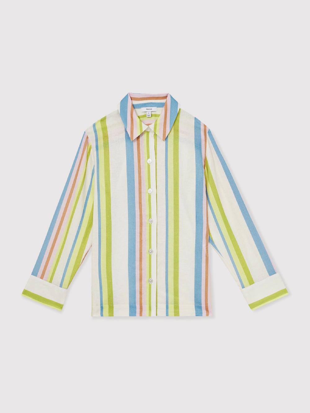 Reiss Linen-Blend Stripe Long-Sleeve Shirt In Green/Blue