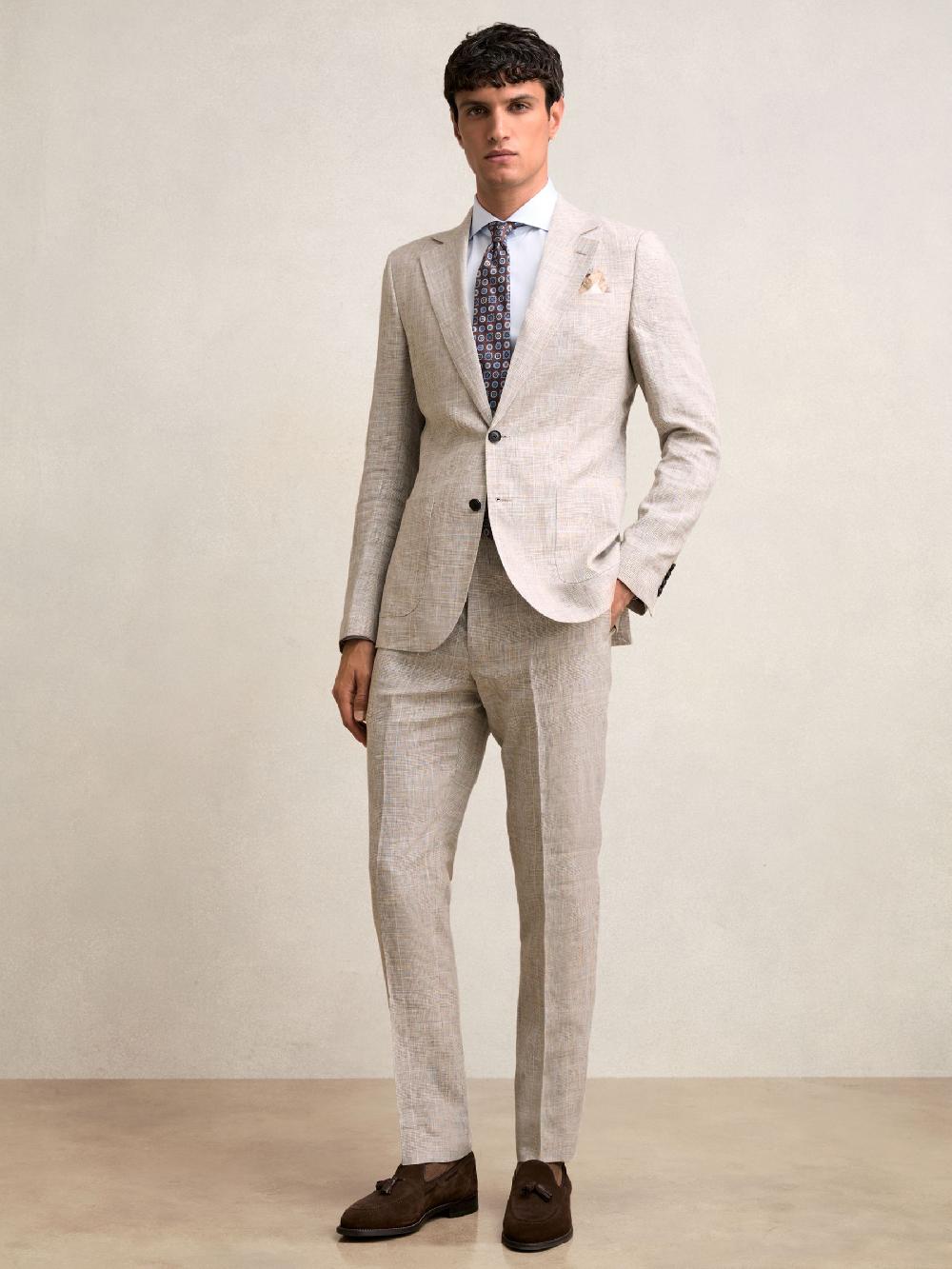 Reiss Linen Check Slim-Fit Suit Trousers In Oatmeal