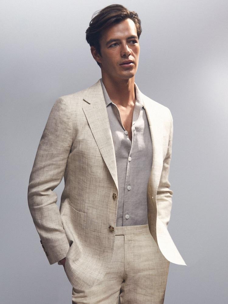 reiss Linen-Cotton Single-Breasted Suit Blazer Slim-Fit in Stone