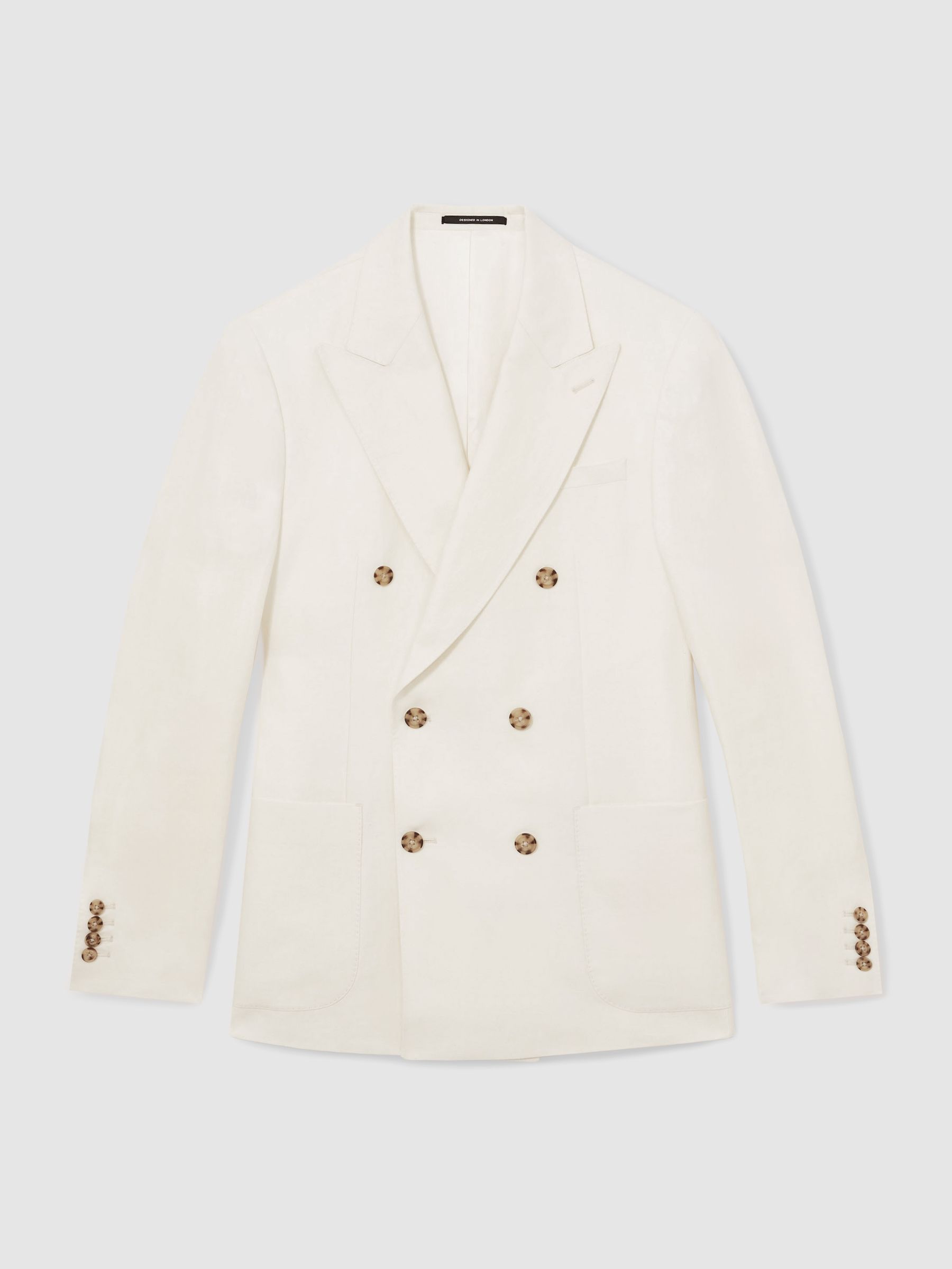 Reiss Linen Double-Breasted Suit Blazer Slim-Fit In Herringbone In White