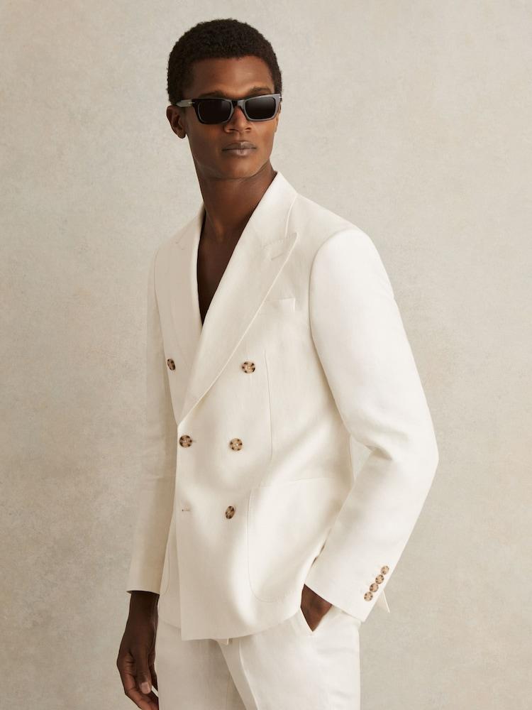 reiss Linen Double-Breasted Suit Blazer Slim-Fit in Herringbone in White
