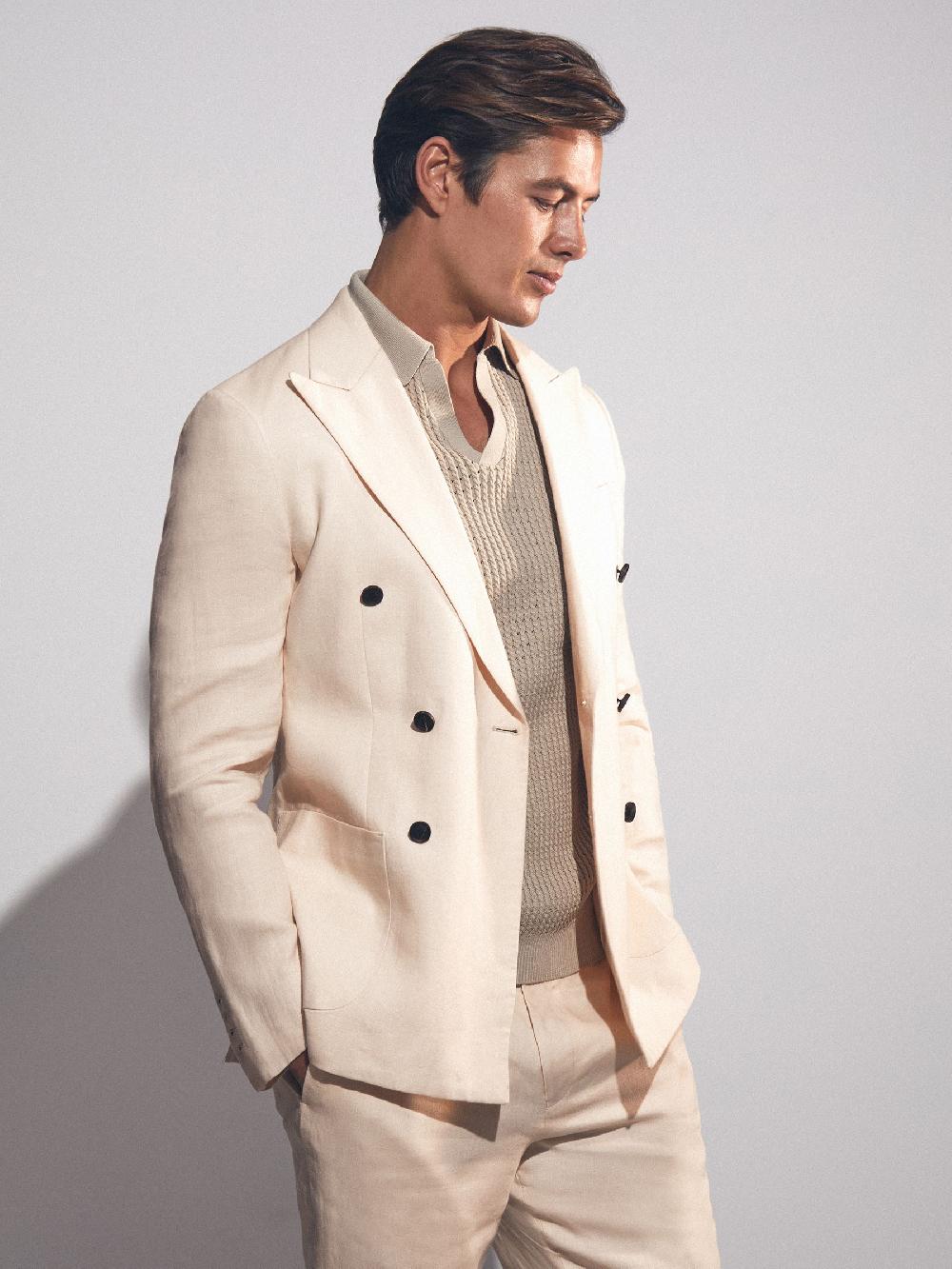 Reiss Linen Double-Breasted Suit Slim-Fit Blazer In Stone
